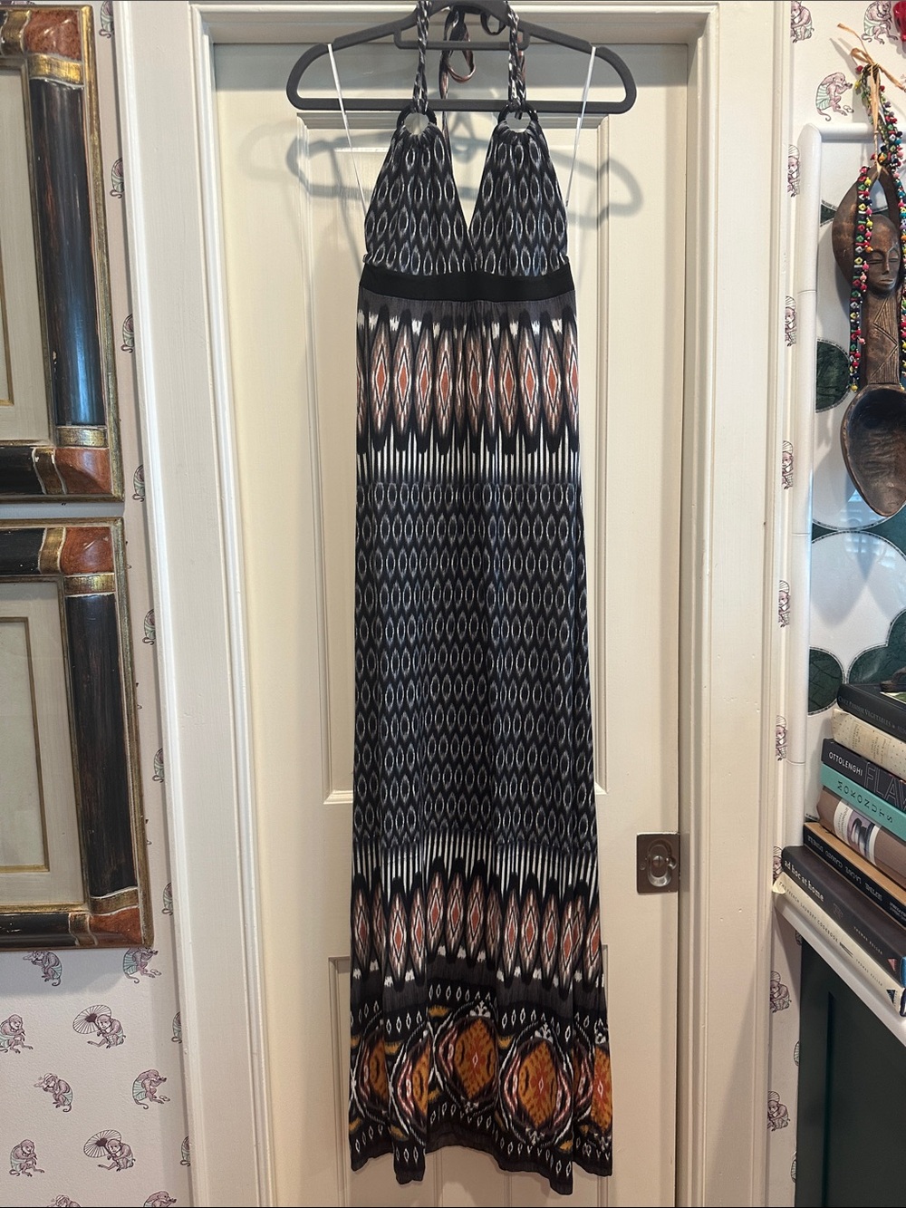 Halter Maxi Dress in Black and Rust-Orange